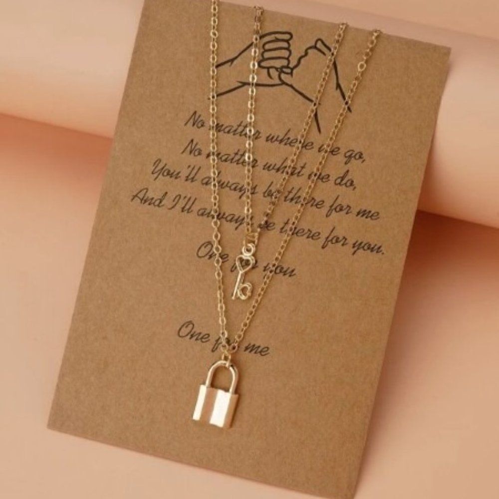 GOLD PLATED HEART KEY & LOCK UNISEX PENDANT NECKLACE WITH INSPIRATIONAL CARD